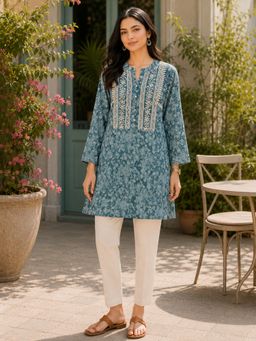 Nayam by lakshita - Blue Floral Printed Embroidered Kurti