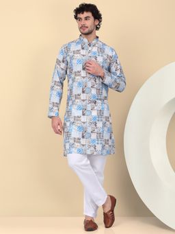 Kraft India - Men Cotton Blue Abstract Printed Kurta with Pant (Set of 2)