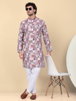 Kraft India - Men Cotton Red Abstract Printed Kurta with Pant (Set of 2)