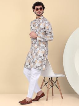 Kraft India - Men Cotton Yellow Abstract Printed Kurta with Pant (Set of 2)