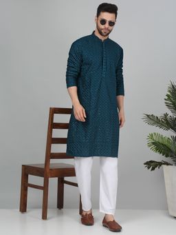 Kraft India - Men Cotton Teal Embroidered Sequined Kurta with Pant (Set of 2)