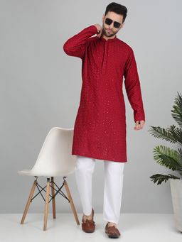 Kraft India - Men Cotton Red Embroidered Sequined Kurta with Pant (Set of 2)