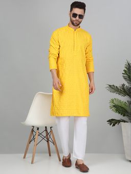 Kraft India - Men Cotton Yellow Embroidered Sequined Kurta with Pant (Set of 2)