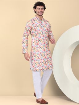Kraft India - Men Linen Beige Floral Printed Kurta with Pant (Set of 2)