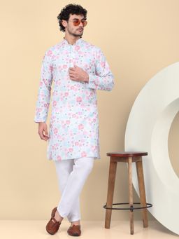 Kraft India - Men Linen White Floral Printed Kurta with Pant (Set of 2)