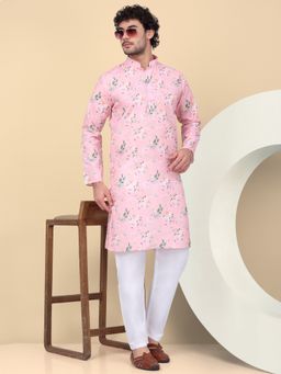 Kraft India - Men Linen Pink Floral Printed Kurta with Pant (Set of 2)