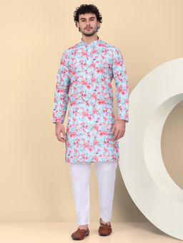 Kraft India - Men Linen Sky Blue Floral Printed Kurta with Pant (Set of 2)
