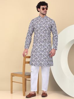 Kraft India - Men Cotton White Geometric Printed Kurta with Pant (Set of 2)