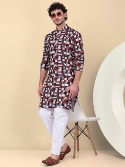 Kraft India - Men Cotton Multi-Color Geometric Printed Kurta with Pant (Set of 2)