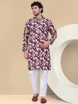 Kraft India - Men Cotton Purple & Beige Geometric Printed Kurta with Pant (Set of 2)
