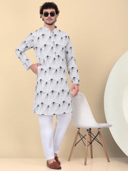 Kraft India - Men Cotton White Geometric Printed Kurta with Pant (Set of 2)