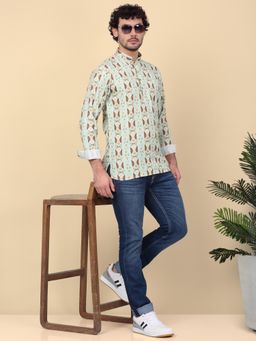 Kraft India - Men Cotton Green Geometric Printed Short Kurta