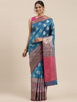 Banarasi Silk Works - Peacock Blue Booti Meena Skirt Paithani Saree with Unstitched Blouse