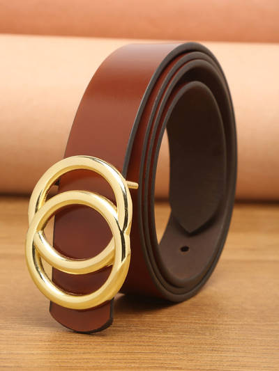 Women Tan And Gold Tone Solid Genuine Leather Belt