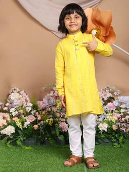 Lil Pitaara - Boys Yellow Cotton Mandarin Neck Kurta with Pyjama