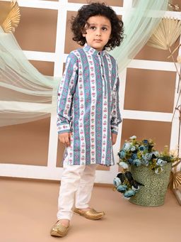 Lil Pitaara - Boys Blue Cotton Mandarin Neck Kurta with Pyjama