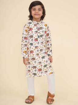 Lil Pitaara - Boys White Cotton Mandarin Neck Kurta with Pyjama