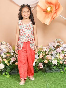 Lil Pitaara - Girls Red Cotton Sweetheart Neck Co-Ord Set