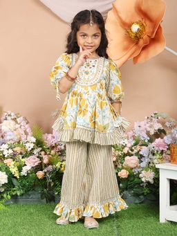 Lil Pitaara - Girls Yellow Cotton Round Neck Kurti with Palazzo