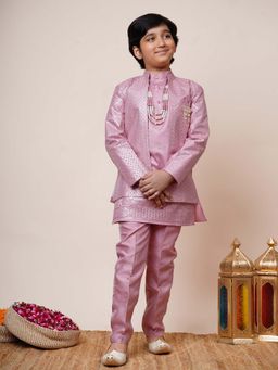 BT DEZINES - Boys Mauve Mandarin Neck Kurta, Jacket with Trouser and Necklace