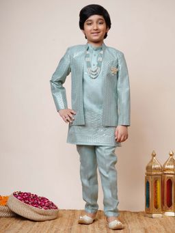 BT DEZINES - Boys Blue Cotton Silk Mandarin Neck Kurta, Jacket with Trouser and Necklace