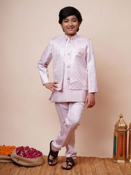 BT DEZINES - Boys Pink Satin Mandarin Neck Sherwani and Trouser with Jacket