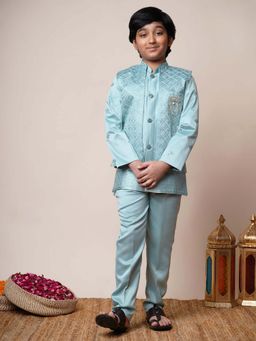 BT DEZINES - Boys Aqua Satin Mandarin Neck Sherwani and Trouser with Jacket