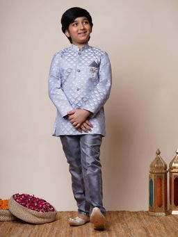 BT DEZINES - Boys Grey Jacquard Mandarin Neck Sherwani with Trouser