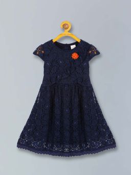 PLUM TREE - Girls Navy Blue Polyester Round Neck Dress