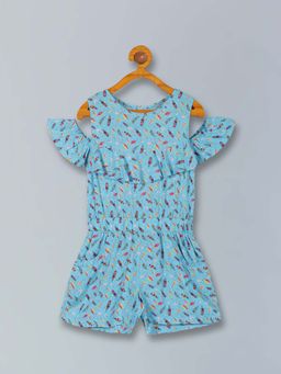 PLUM TREE - Girls Aqua Rayon Round Neck Playsuit