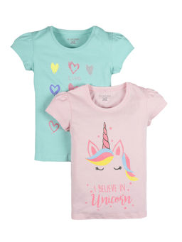 PLUM TREE - Girls Multi-Color Cotton Crew Neck T-Shirts (Pack of 2)