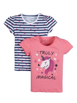 PLUM TREE - Girls Multi-Color Cotton Crew Neck T-Shirts (Pack of 2)