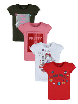 PLUM TREE - Girls Multi-Color Cotton Round Neck T-Shirts (Pack of 4)