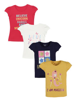 PLUM TREE - Girls Multi-Color Cotton Round Neck T-Shirts (Pack of 4)