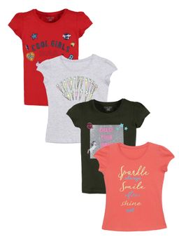PLUM TREE - Girls Multi-Color Cotton Round Neck T-Shirts (Pack of 4)