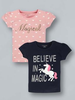 PLUM TREE - Girls Multi-Color Cotton Crew Neck T-Shirts (Pack of 2)