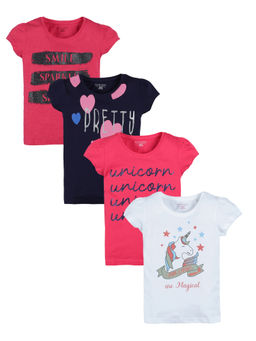 PLUM TREE - Girls Multi-Color Cotton Round Neck T-Shirts (Pack of 4)
