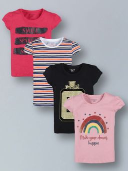 PLUM TREE - Girls Multi-Color Cotton Round Neck T-Shirts (Pack of 4)