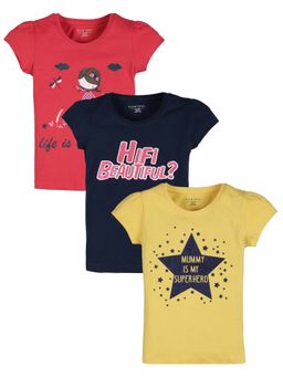 PLUM TREE - Girls Multi-Color Cotton Round Neck T-Shirts (Pack of 3)