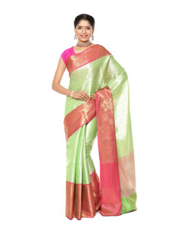 Banarasi Silk Works - Green Kanchi Silk Pink Pattu Border Saree with Unstitched Blouse