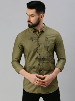 SHOWOFF - Men Full Sleeves Humour And Comic Olive Shirt