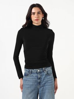 Guess - Women Ruched High Neck Long Sleeves Top - Black