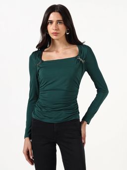 Guess - Women Ruched Square Neck Long Sleeves Top - Green