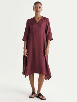 RAREISM - Women's Dhery Maroon Viscose Blend V-Neck A-Line Plain Dress