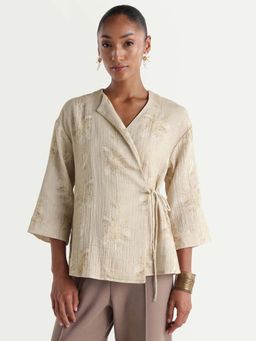 RAREISM - Women's Kloe-T Beige Cotton Fabric Over Lap Regular Top