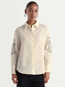 RAREISM - Women's Kruz Light Beige Linen Fabric Spread Collar Relaxed Embroidered Shirt