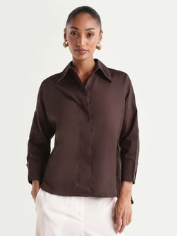 RAREISM - Women's Oni Brown Cotton Boxy Plain Shirt