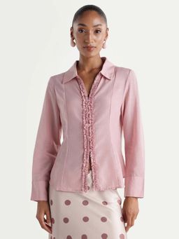 RAREISM - Women's Rucon Dusky Pink Nylon Blend Fabric Johnny Collar Regular Plain Shirt