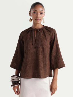 RAREISM - Women's Rucos Brown Viscose Blend Fabric Crew Neck Relaxed Jacquard Top