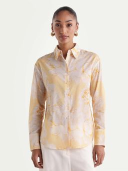 RAREISM - Women's Rufin Pastel Yellow Cotton Spread Collar Relaxed Floral Shirt